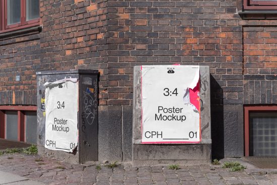 Urban street wall poster mockups on textured background, realistic outdoor advertising display for graphic designers.